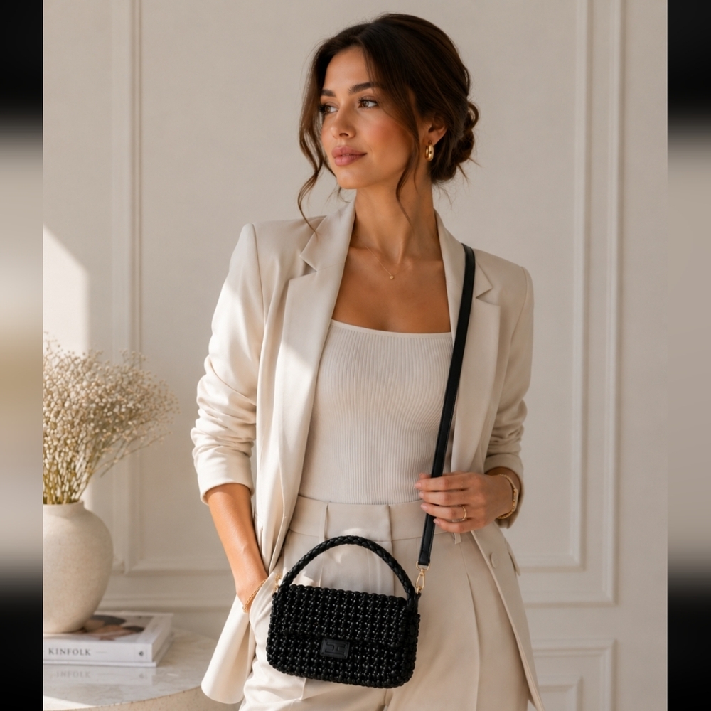 Classic Black Woven Crossbody Bag - Women's